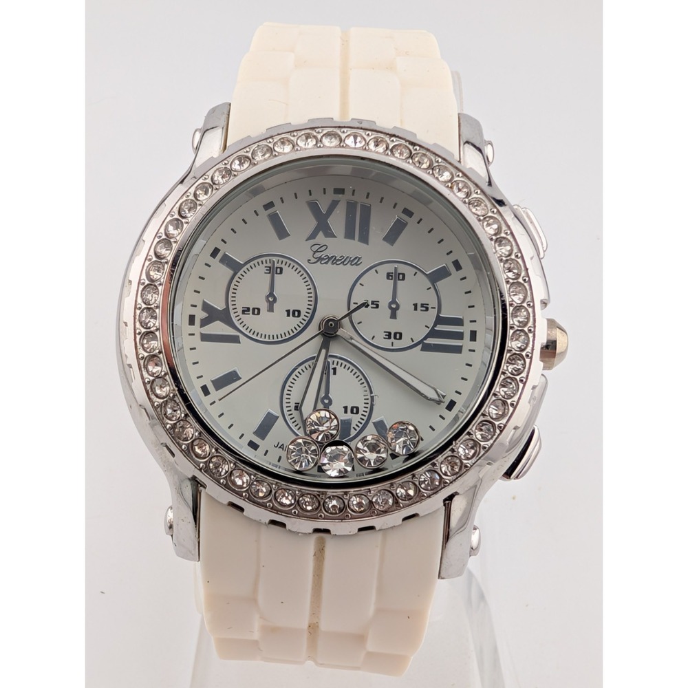 Geneva Watch Women 41mm Silver Case Floating Crystals Silicone Band-‎ Working
